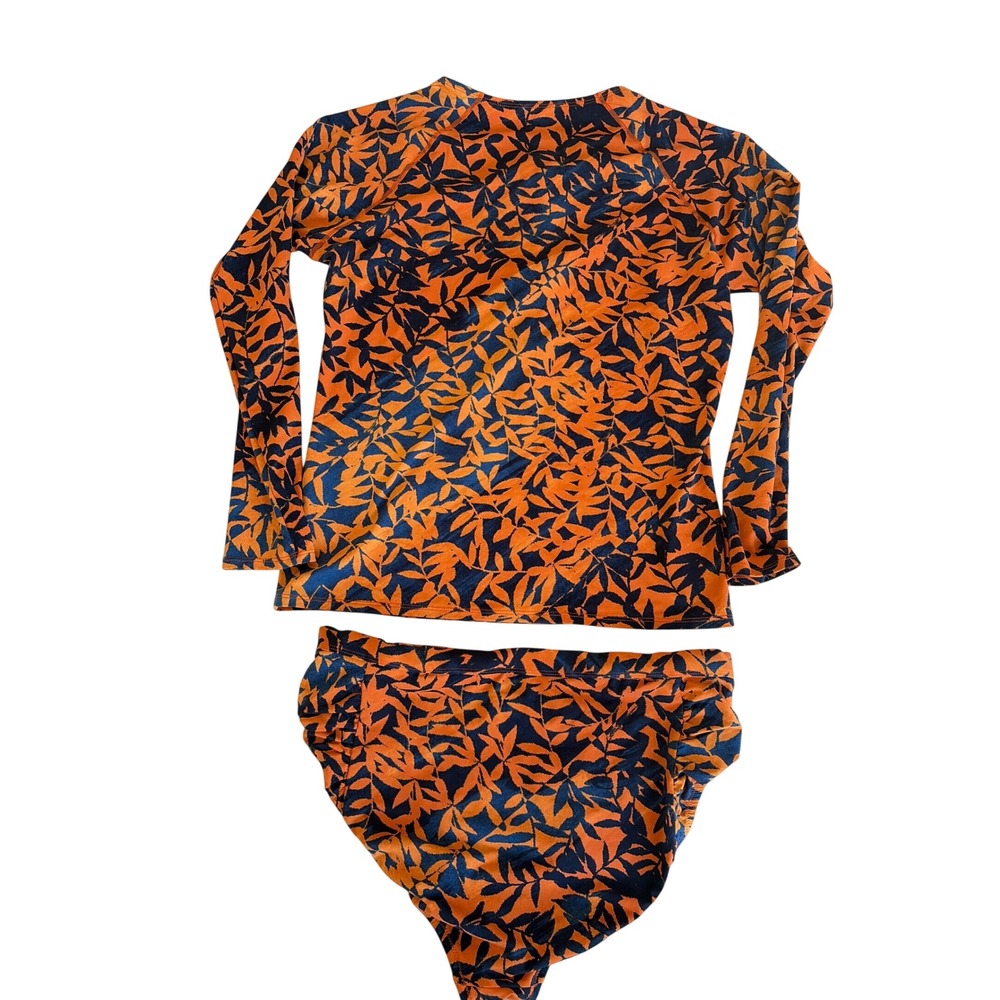Garnet Hill Womens Orange Navy Leaf Rash Guard (L) Bottoms sz 14 Modest swimwear - Picture 3 of 7